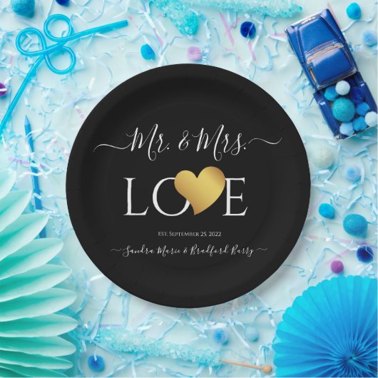 の結婚黒金ゴールドハートスクリプト名Mr. and Mrs. ペーパープレート (パーティー)