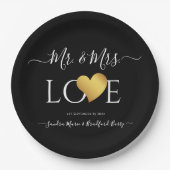 の結婚黒金ゴールドハートスクリプト名Mr. and Mrs. ペーパープレート (正面)