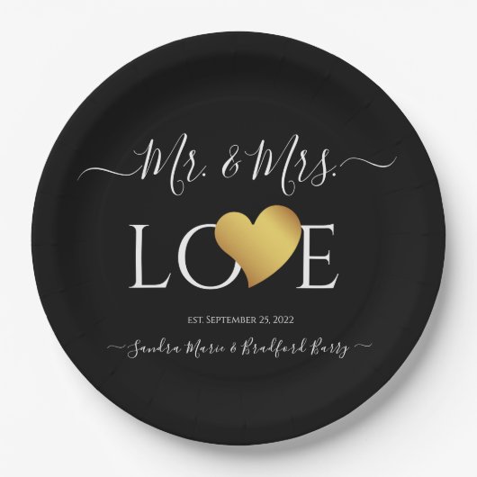 の結婚黒金ゴールドハートスクリプト名Mr. and Mrs. ペーパープレート (正面)