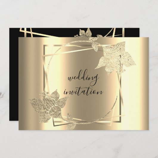 の結婚黒金ゴールドフェイクフレームQRコード 招待状 (正面/裏面)
