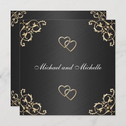 の結婚黒(金ゴールド金属トリム付) 招待状 (正面/裏面)