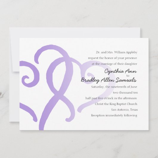 の結婚2つのハートシンプルパープル 招待状 (正面)