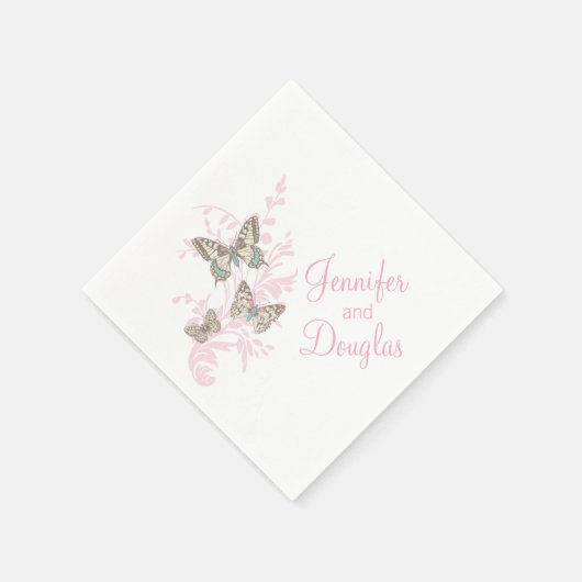 の結婚3つのインク蝶ピンクの紙ナプキン スタンダードカクテルナプキン (角)