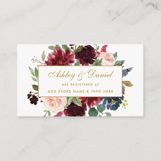 の結婚Burgundy Blue金ゴールドレジストリ挿入カードBG エンクロージャーカード (正面)