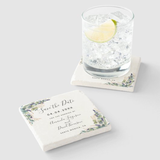 の結婚eucalyptus greenery日付を保存 ストーンコースター (横)