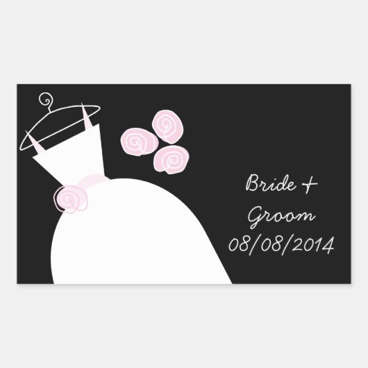 の結婚Gown Pink Bride & Groom長方形ブラック 長方形シール (正面)