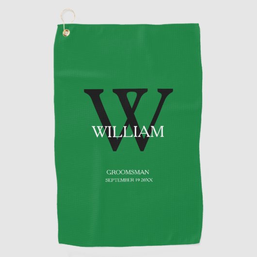 の結婚groomsmanギフトモダンモノグラムクールグリーン ゴルフタオル (正面)