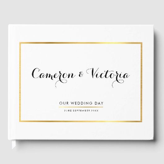 の結婚KEEPSAKEシンプルスタイリッシュ金ゴールドフェイクフレーム ゲストブック (正面)