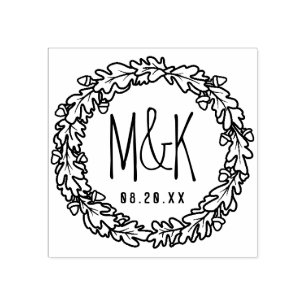 の結婚Monogram日付の保存 オークアコーンリース ラバースタンプ