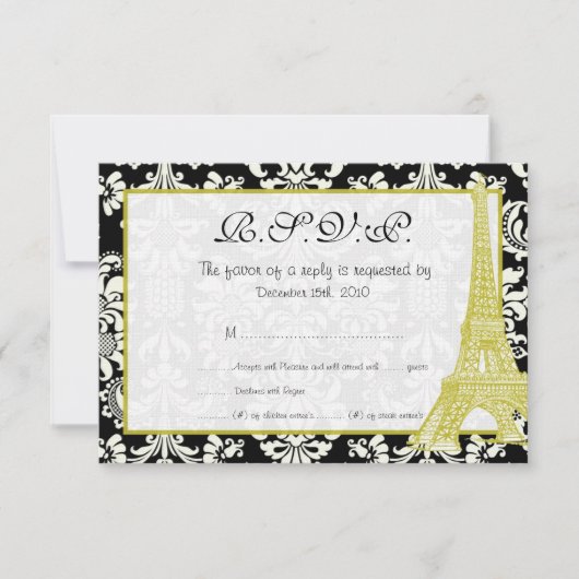 の結婚Paris Black Damask RSVPカード 招待状 (正面)