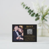 の結婚QRモダンフォトブラック金ゴールドRSVP エンクロージャーカード (スタンド正面)