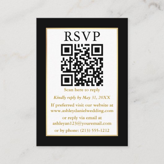 の結婚QR写真モダン金ゴールドフレーム黒QR エンクロージャーカード (正面)