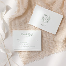 の結婚Sage Green Script Crest Monogram RSVPカード 招待状
