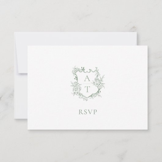 の結婚Sage Green Script Crest Monogram RSVPカード 招待状 (裏面)