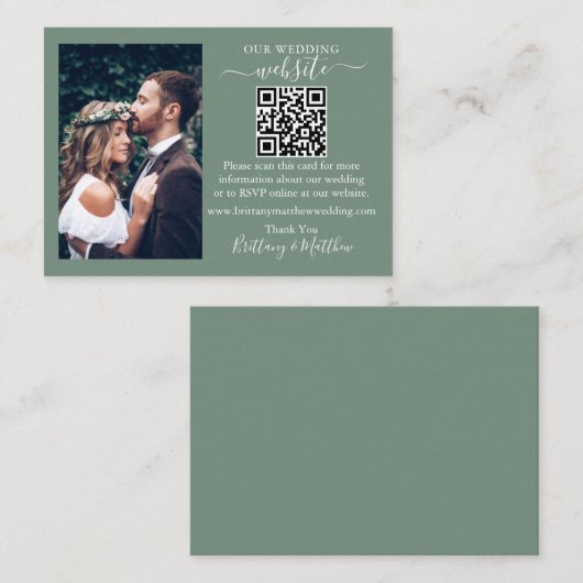 の結婚WebサイトミニマルQRフォトセージグリーン エンクロージャーカード (正面/裏面)