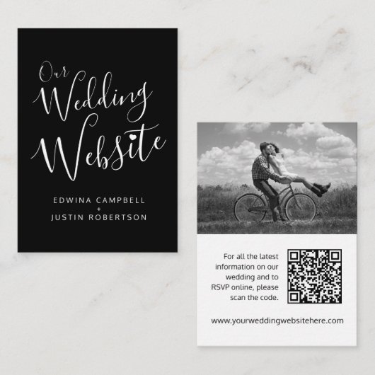 の結婚Webサイト白黒ハートQRコード エンクロージャーカード (正面/裏面)