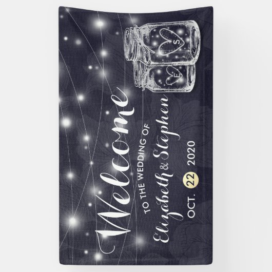 の結婚Welcome Mason Jars String Lights Navy Blue 横断幕 (縦)