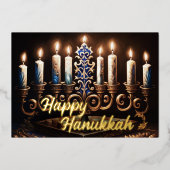 の絵を描（ユダヤ教）メノラーエレガント金ゴールドブルーフォイルホリデー 箔シーズンカード (正面)