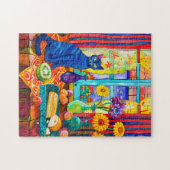 の絵を描Cat on Kitchen Table by Window ジグソーパズル (横)