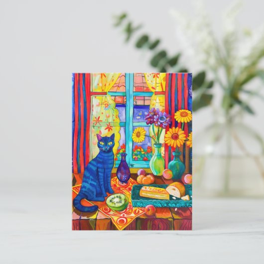 の絵を描Cat on Kitchen Table by Window ポストカード (スタンド正面)