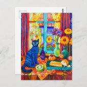 の絵を描Cat on Kitchen Table by Window ポストカード (正面/裏面)