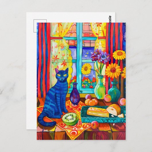 の絵を描Cat on Kitchen Table by Window ポストカード (正面/裏面)