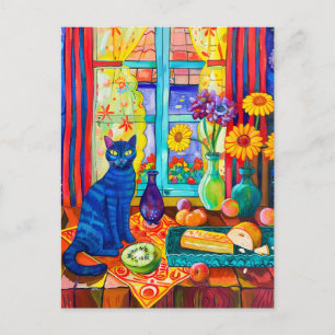 の絵を描Cat on Kitchen Table by Window ポストカード