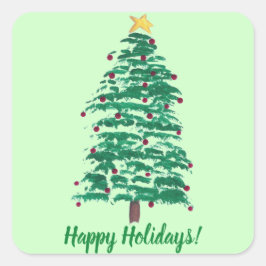 の絵画クリスマスツリーHappy Holidays Stickers スクエアシール