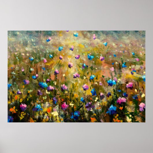 の絵画クローズアップ青いピンクの花の美しい草原 ポスター (正面)