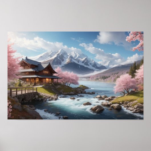 の絵画素晴らしい日本の桜と川 ポスター (正面)
