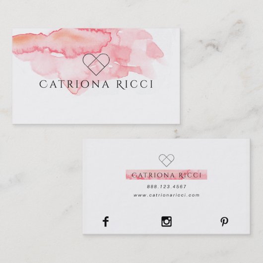 ★の美しいピンクの水彩画のハートのロゴ 名刺 (正面/裏面)