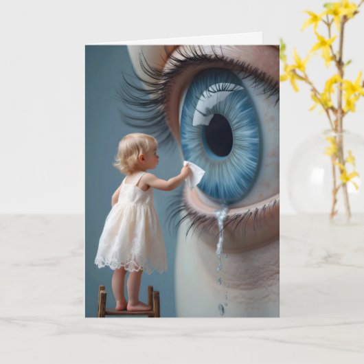 の考え小さな女の子涙を拭く遠くに カード (黄色い花)