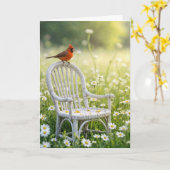 の考え(鳥)ショウジョウコウカンチョウは籐の椅子に カード (黄色い花)