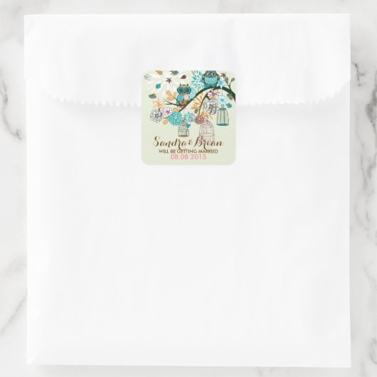 の背結婚景かわいいフクロウのペアの木のブランチ2 スクエアシール (バッグ)