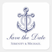 の航海のネイビ結婚ーブルーいかり日付の保存 スクエアシール (正面)