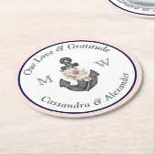 の航海のフローラいかりネイビー・ブルーとピンク ラウンドペーパーコースター (アングル)