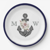 の航海のフローラいかりネイビー・ブルー・アンド・ホワイト ペーパープレート (正面)