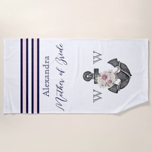 の航海のフローラいかりピンク色の海軍の母 ビーチタオル (正面)