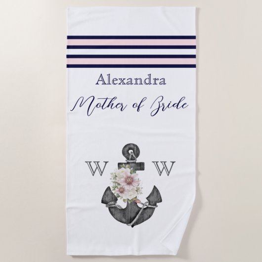 の航海のフローラいかりピンク色の海軍の母 ビーチタオル (正面)