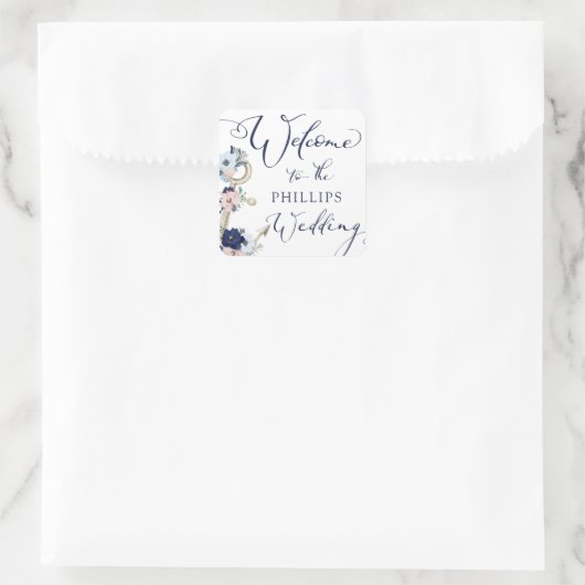 の航海のフローラ結婚いかりネイビーブルーウェルカム スクエアシール (バッグ)