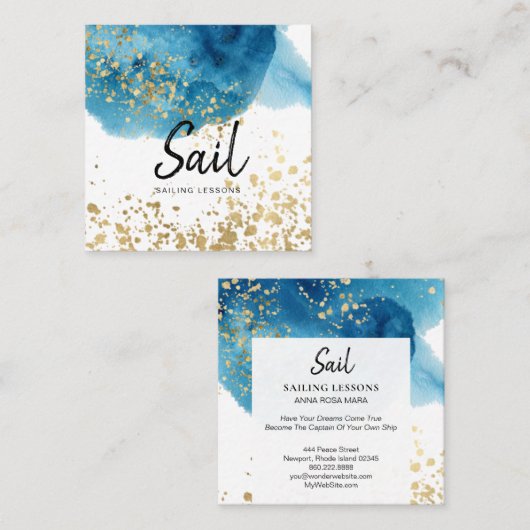 *~*の航行のビーチの青い水彩画の金ゴールドのグリッター スクエア名刺 (正面/裏面)