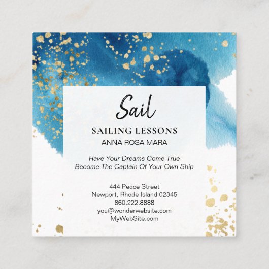 *~*の航行のビーチの青い水彩画の金ゴールドのグリッター スクエア名刺 (裏面)