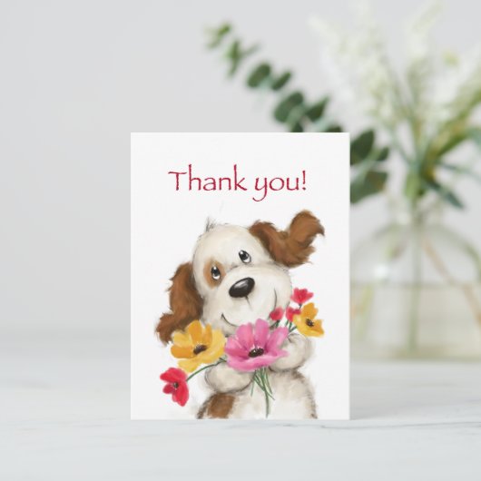 の花を持つかわいい犬ありがとう ポストカード (スタンド正面)