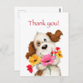 の花を持つかわいい犬ありがとう ポストカード