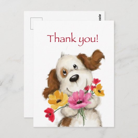 の花を持つかわいい犬ありがとう ポストカード (正面/裏面)