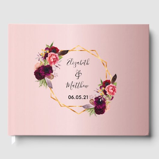 の花模様結婚ブルゴーニュ赤面ピンク金ゴールド幾何学的 ゲストブック (正面)