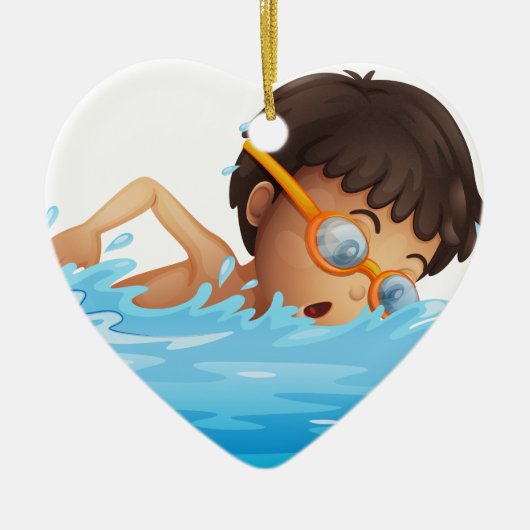 の若い男の子の水泳黄色いゴーグル セラミックオーナメント (正面)