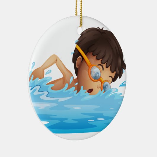 の若い男の子の水泳黄色いゴーグル セラミックオーナメント (右)