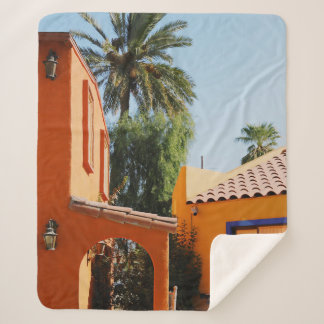 ～の茶色のコンクリート建物の横の緑のヤシ  シェルパブランケット
