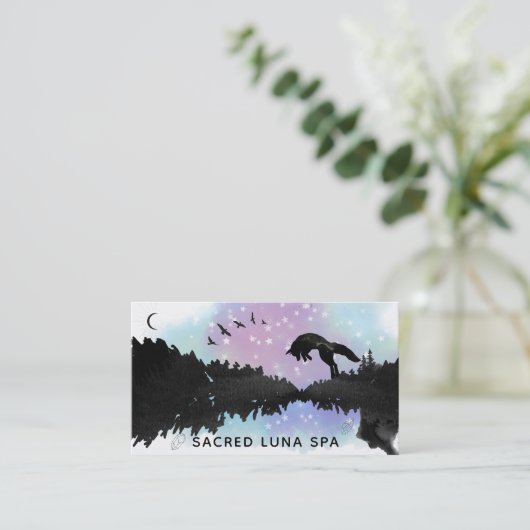 *~*の虹の松の木を跳躍させている宇宙月のキツネ 名刺 (スタンド正面)